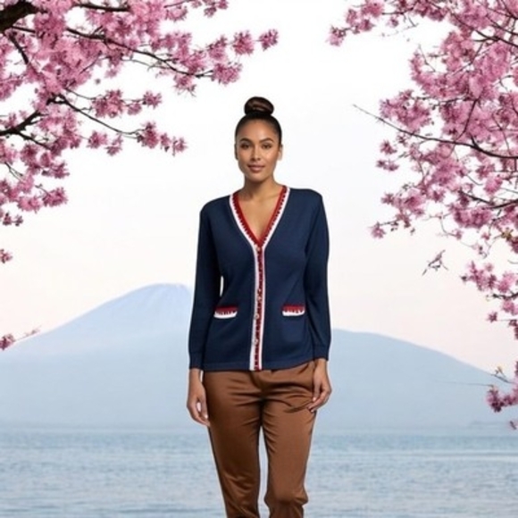 St John Sweaters - St John Knit Jacket Cardigan S M Vintage Button Front Blue Red White Luxury USA